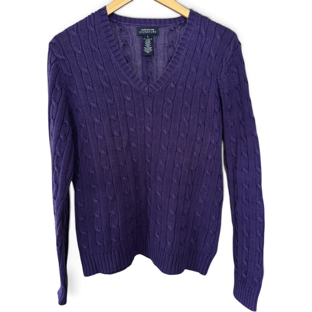 Vintage Y2K Cableknit Womens Sweater Large Purple Knit V-Neck Mercerized Cotton